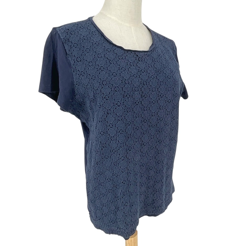 Ralph Lauren Women Navy Blue Lace Front Short Sleeve T Shirt Top Boho Athleisure